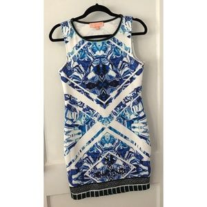 Blue and white printed BODYCON dress- size L